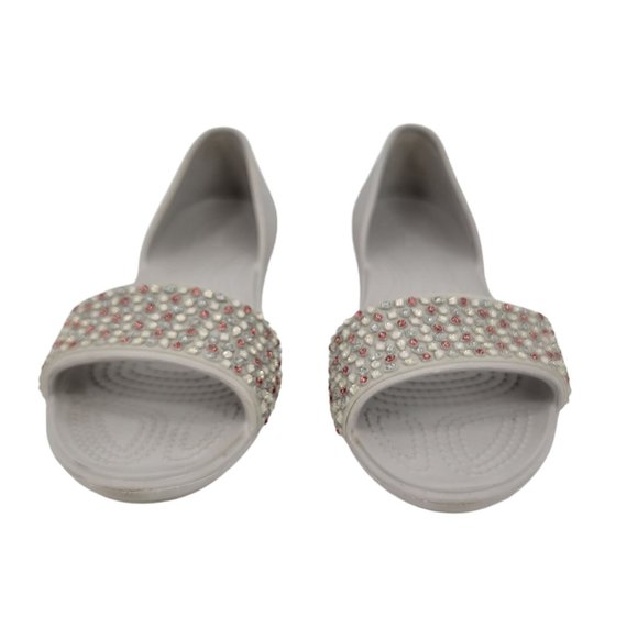 CROCS Size 5 Lina D'orsay Embellishes Flats Open Toe Gray Pink Slip On Womens - Picture 2 of 8